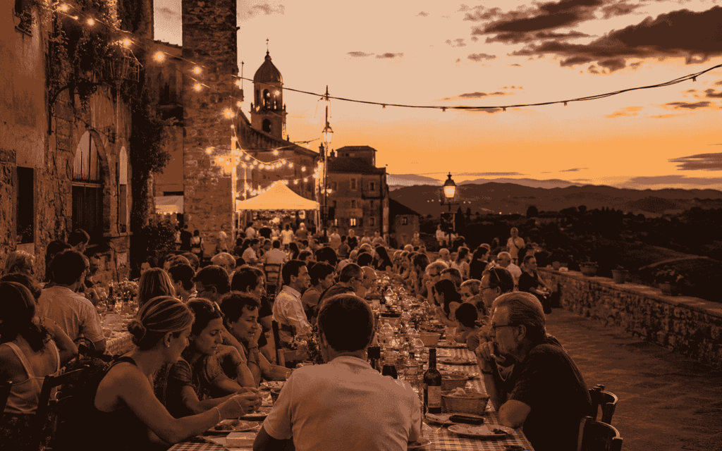 Long communal table during a traditional Tuscan village festival at sunset in a historic village, with lights, local food and a warm community atmosphere.