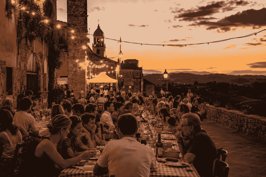 Long communal table during a traditional Tuscan village festival at sunset in a historic village, with lights, local food and a warm community atmosphere.