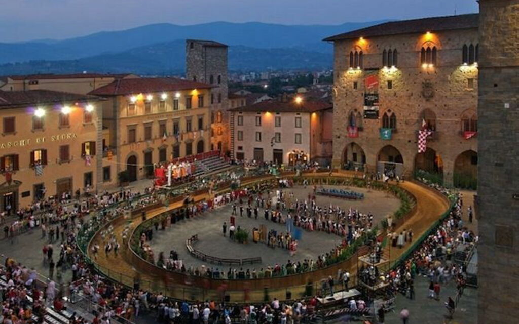 Historic Giostra dell'Orso horse tournament in Piazza del Duomo, Pistoia, during the celebrations of Saint James.